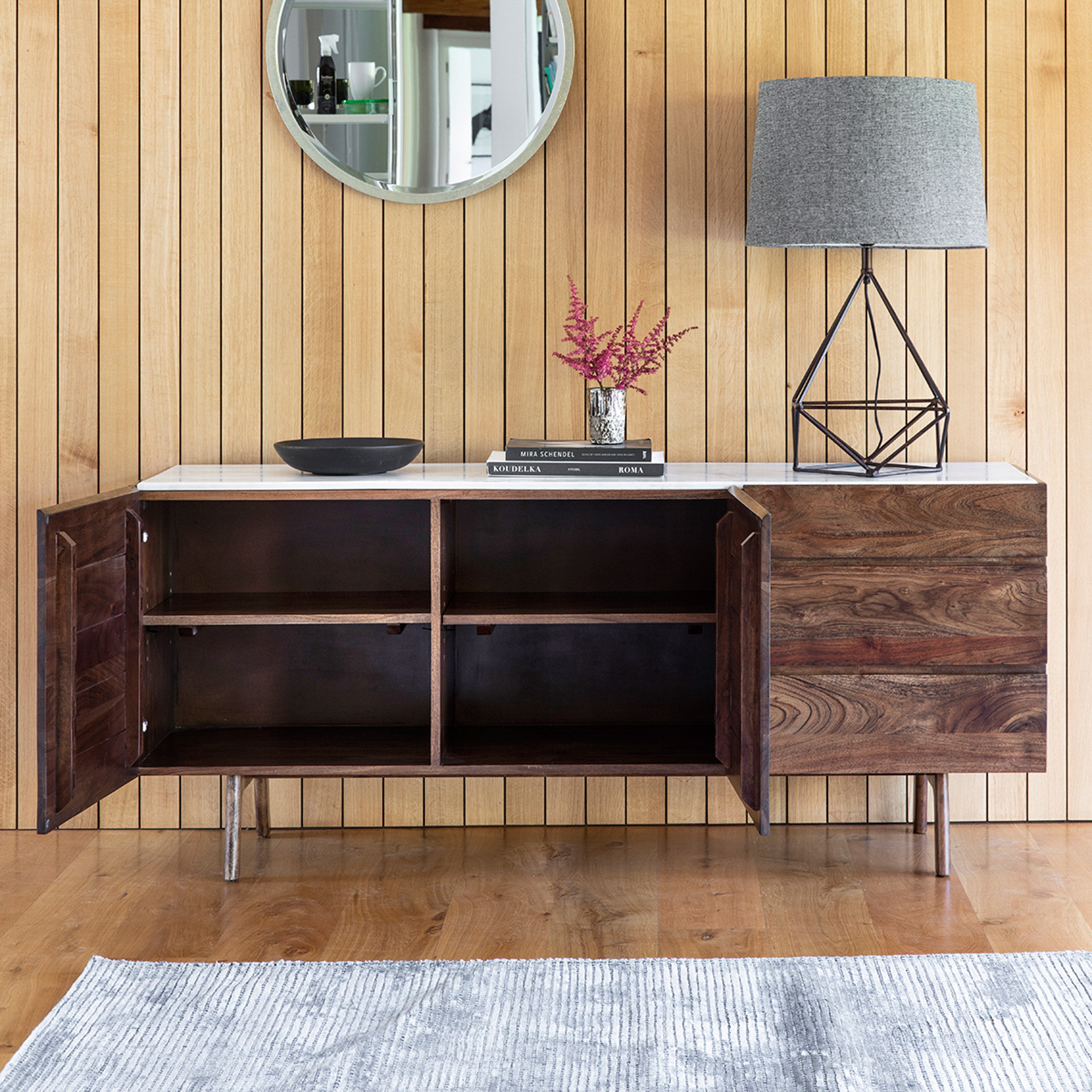 Barcino Brown Acacia Wood & White Marble Sideboard